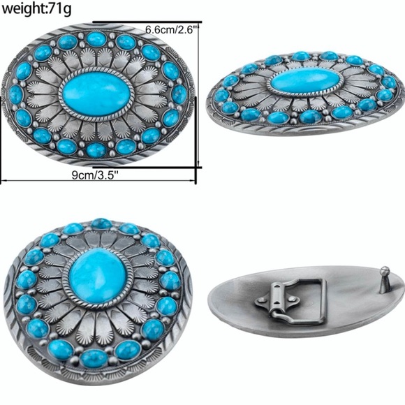 Turquoise Stone Embossed Brown Leather Western Belt With Silver Metal BuckleNew - Picture 10 of 15